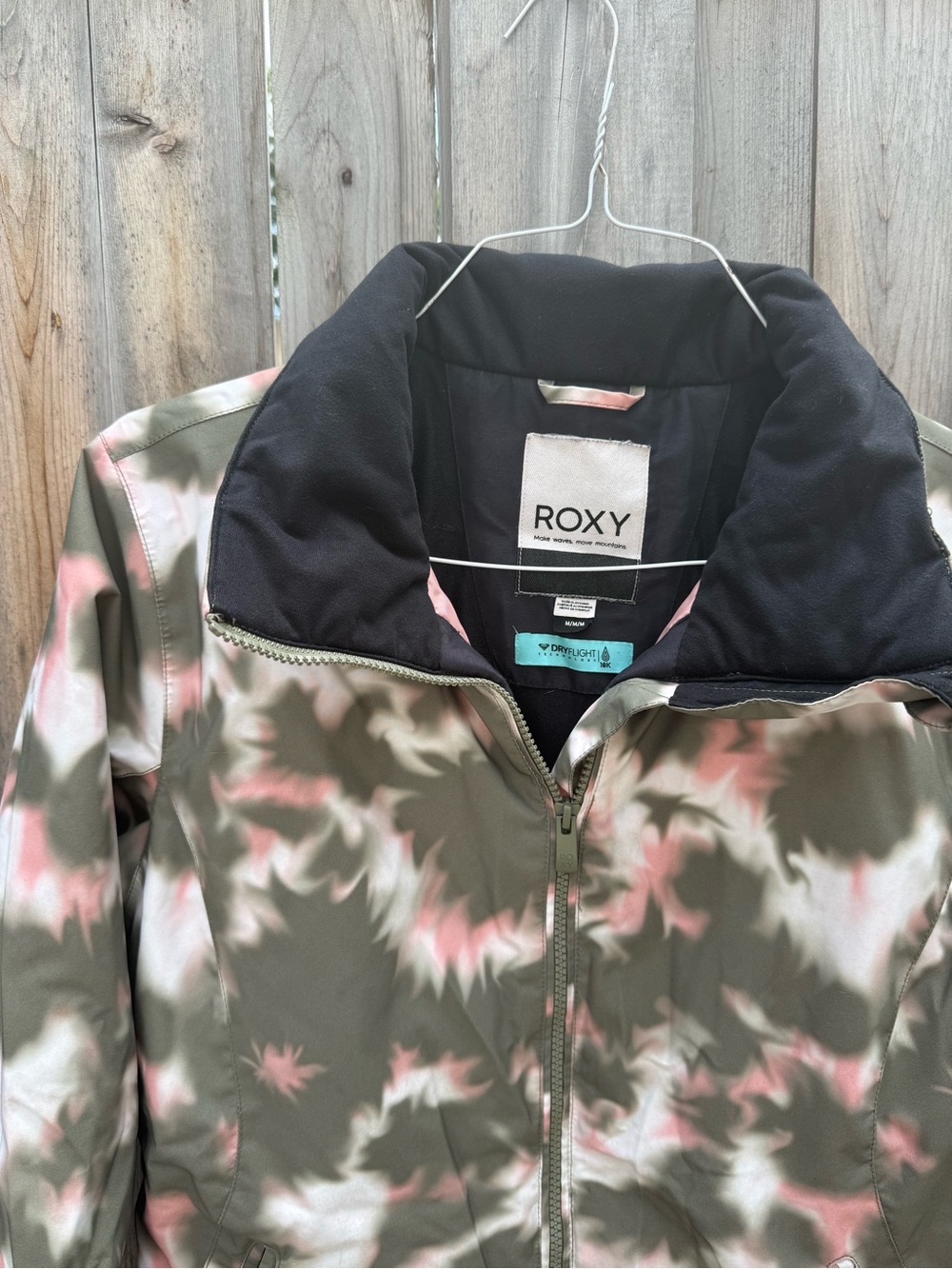 Roxy Olive, Pink & Cream Ski Jacket with Black Lined Collar